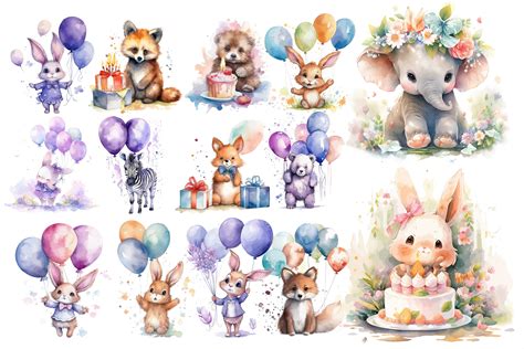 Cute animals with a birthday balloon | Animal Illustrations ~ Creative ...