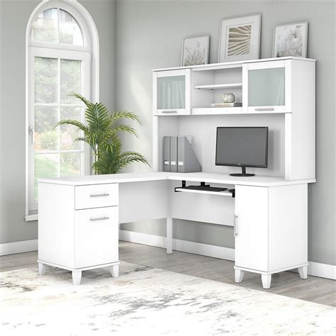 Somerset 60W L Shaped Desk with Hutch in White - Engineered Wood ...