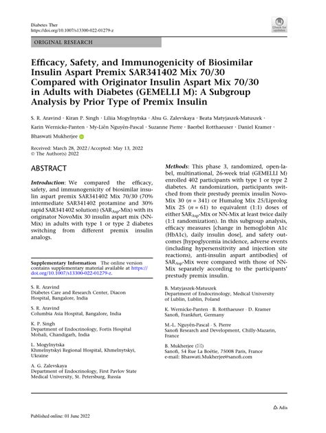 (PDF) Efficacy, Safety, and Immunogenicity of Biosimilar Insulin Aspart Premix SAR341402 Mix 70/ ...