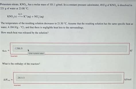 Solved Potassium nitrate, KNO3, has a molar mass of 101.1 | Chegg.com