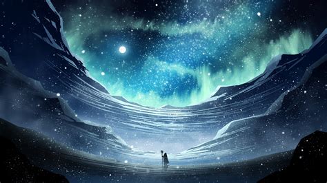 fantasy art, digital, artwork, Moon, stars, aurorae, blue HD Wallpaper