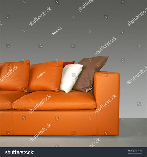 Orange Leather Sofa With Pillows And Grey Wall Stock Photo 18516445 : Shutterstock