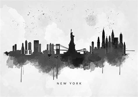 New York Skyline, Black & White Water Colour Print on Grey Wash Canvas – Straightupart.com