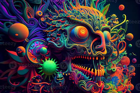 psychedelic colorful lsd trip skull with hippy patterns and coral ...