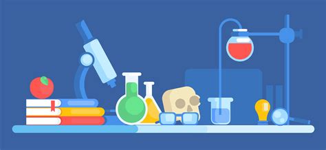 Science banner. Chemical laboratory, skull, books, apple, glasses, table. Vector flat ...