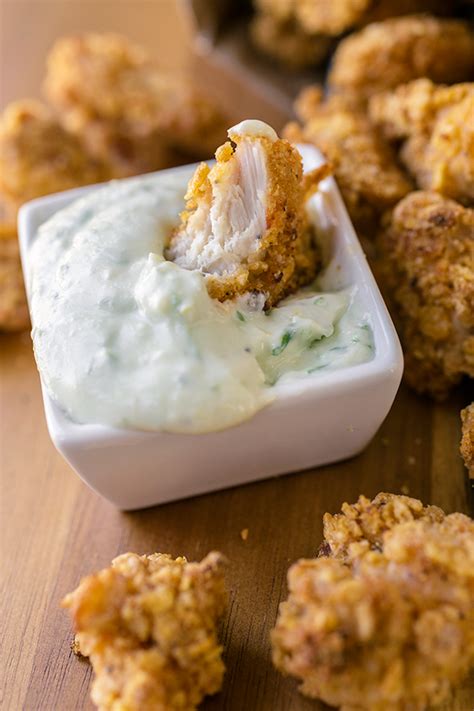 Baked Garlic Popcorn Chicken with Parmesan-Ranch Dipping Sauce