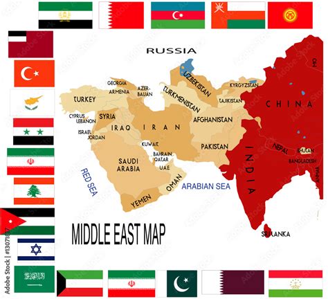 Middle East map with various flag Stock Vector | Adobe Stock