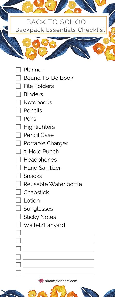 School Backpack Checklist