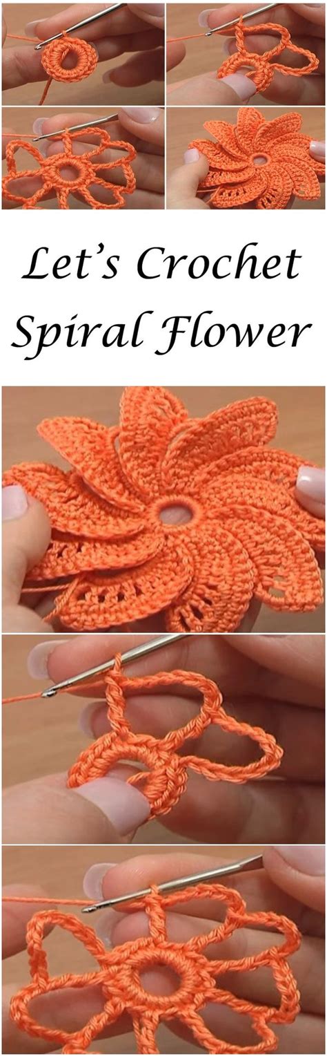 Spiral flower Crochet Diy, Crochet Motifs, Crochet Leaves, Crochet Flower Tutorial, Knitted ...