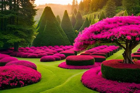 Premium AI Image | a garden with a pink bush and a pink flower in the middle.