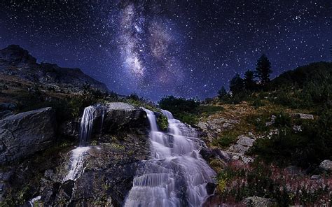 Download Star Milky Way Night Nature Waterfall HD Wallpaper