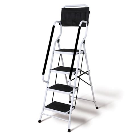 Support Plus Folding 4-Step Safety Step Ladder - Step Stool with Padded Side Handrails, Tool ...