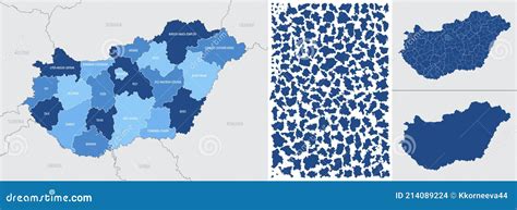 Detailed, Vector, Blue Map of Hungary with Administrative Divisions ...