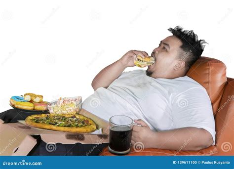 Greedy Fat Man Eats Burger on the Sofa Stock Photo - Image of japanese ...