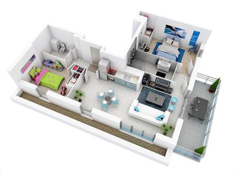 10 Awesome Two Bedroom Apartment 3D Floor Plans | House plans with ...