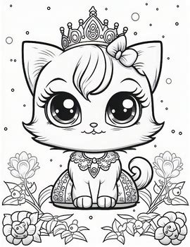 Adorable Princess Cartoon Cat Coloring Book for Girls | Cute Princess Cat Girls