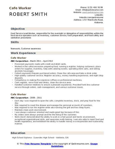 Cafe Worker Resume Samples | QwikResume