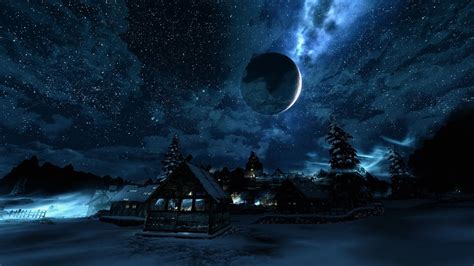 snow-covered village during night wallpaper The Elder Scrolls V: Skyrim ...