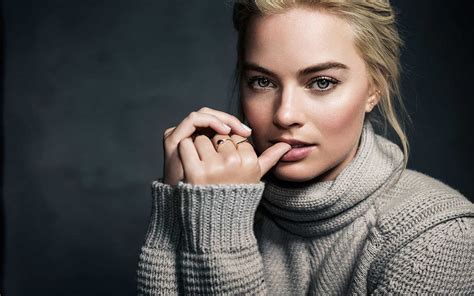 Margot Robbie #women #blonde blue eyes #face #actress #sweater biting ...