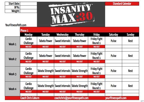 Insanity MAX:30 Workout Calendar - Your Fitness Path