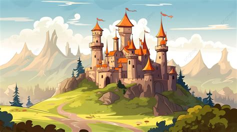 Cartoon Castle With Tall Spires And Lots Of Green Grass Background ...