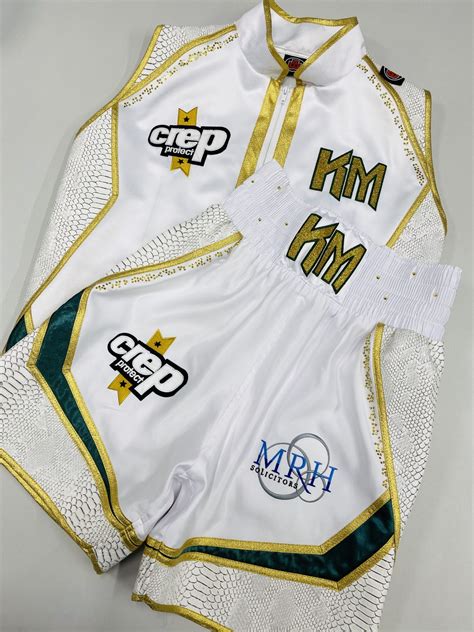 Khaleel Majid White and Gold Boxing Shorts and Ring Jacket | Suzi Wong ...