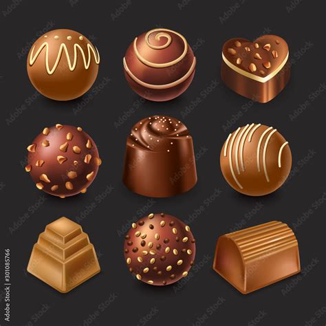 Assorted chocolate candies with different fillings and shapes Stock ...