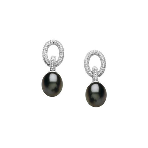 Freshwater Cultured Black Pearl and Diamond Earrings 14K White Gold