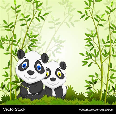 Funny cartoon panda with bamboo forest background Vector Image