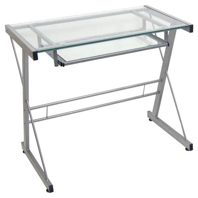 Glass Computer Desk With Keyboard Tray Silver - Saracina Home: Small Office Workstation ...