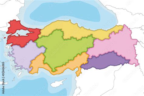 Vector illustrated blank map of Turkey with regions and geographical ...