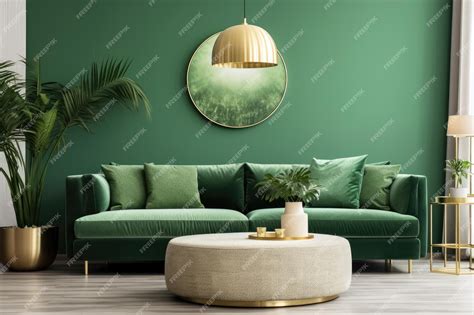 Premium AI Image | Modern luxury living room with green velvet sofa coffee table gold decoration ...
