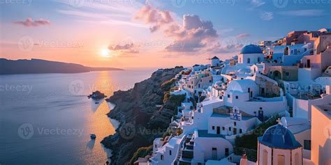 AI generated Santorini Thira island in southern Aegean Sea, Greece sunset. Fira and Oia town ...