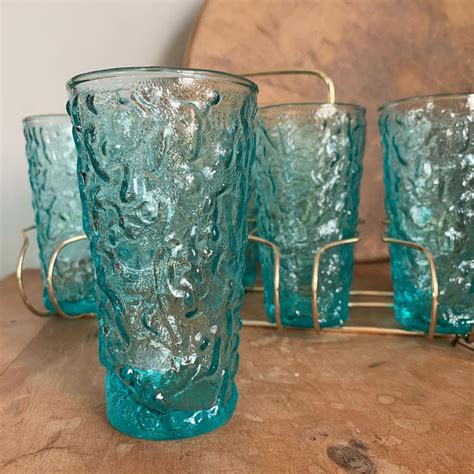 Set of 8 Vintage 1960’s Aqua Blue Glass Tumblers with Wire Organizer ...