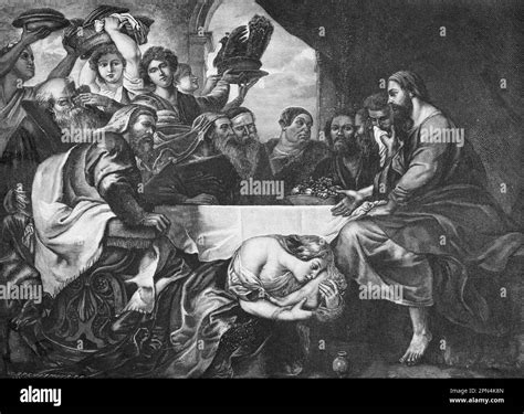 Jesus in the house of simon the pharisee Black and White Stock Photos ...