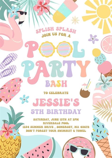 a pool party with pineapples, watermelon and flamingos on it