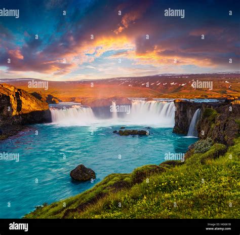 Summer morning scene on the Godafoss Waterfall. Colorful sunrise on the ...