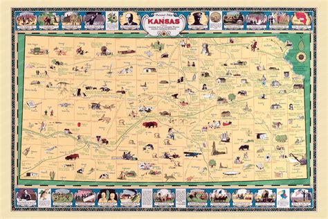 Pictorial map of Kansas from 1930 illustrates state history - KNOWOL