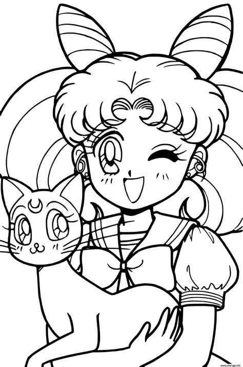 Coloriage Sailor Moon and Cat - JeColorie.com