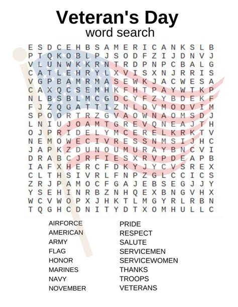 the veterans day word search is shown in red, white and blue