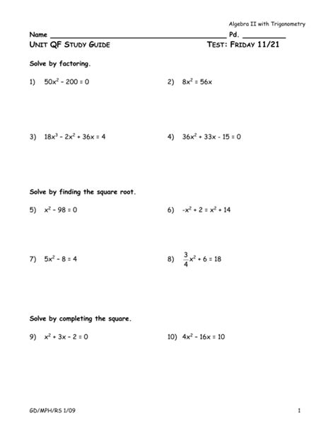 Solving Quadratic Equations REVIEW