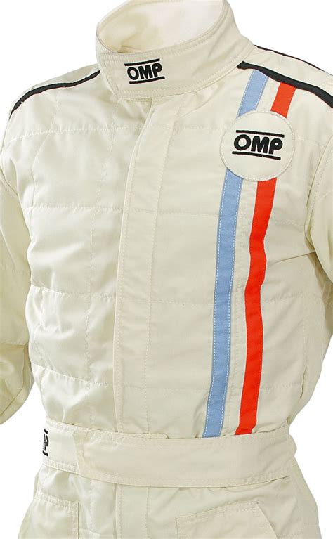 a white racing suit with red, blue and orange stripes on the side is shown