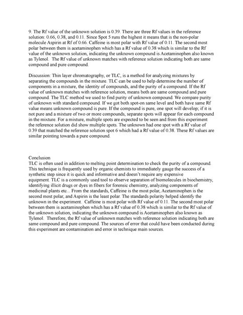 Conclusion TLC - Lab report - The Rf value of the unknown solution is 0. There are three Rf ...