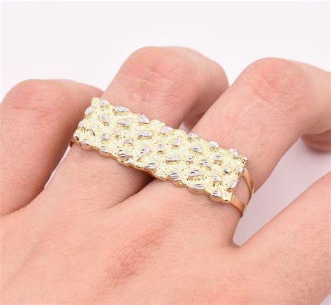Men's Rectangular Nugget Diamond Cut Two Finger Ring Real 10K Yellow White Gold | eBay