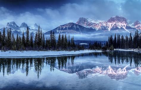 Wallpaper winter, forest, snow, mountains, fog, lake, tree, spruce ...