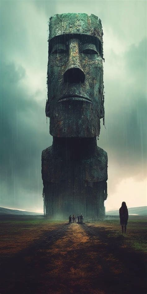 a man standing in the middle of a field next to a giant face on top of a tall structure