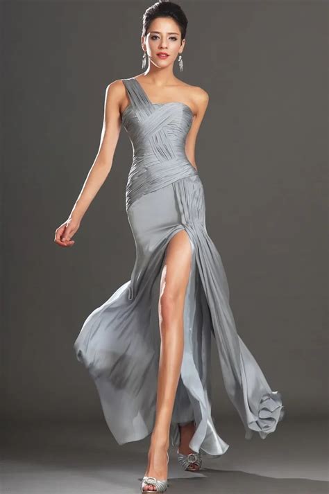 Sexy Women Formal Dress Silver Grey Pleated One Shoulder High Slit Chiffon Evening Dress-in ...