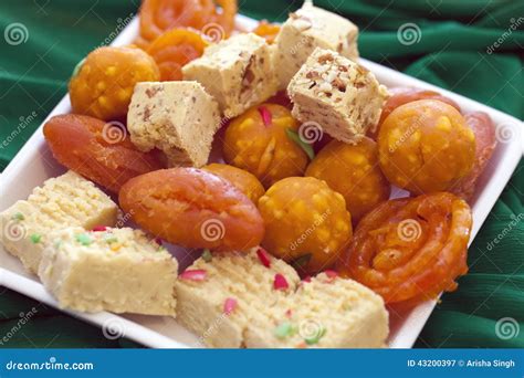 Colorful Indian Diwali Sweets In A Plain White Dish Stock Image ...