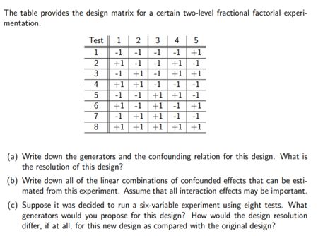 The table provides the design matrix for a certain | Chegg.com