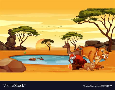 Scene with many animals in field Royalty Free Vector Image